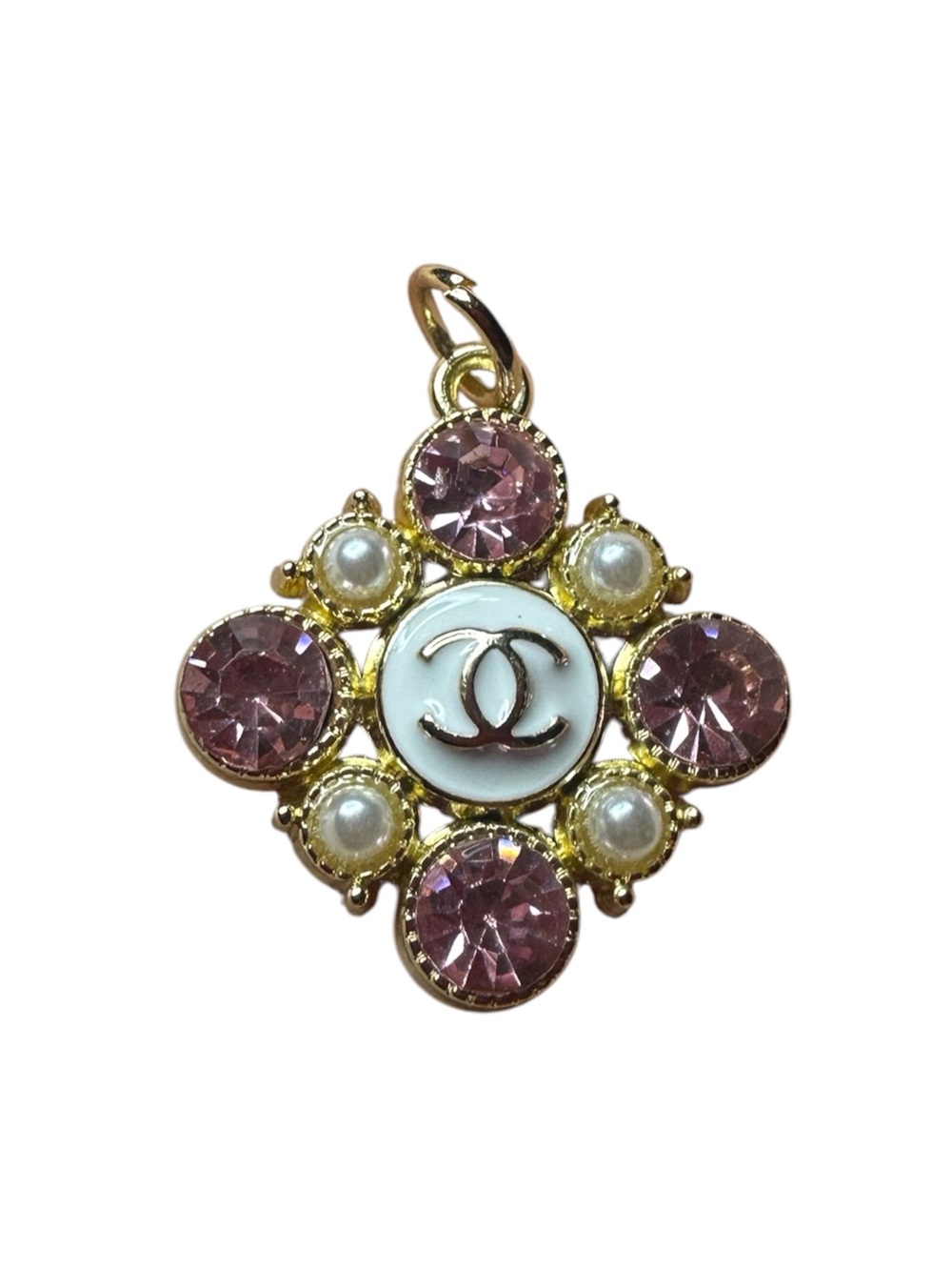 Chanel Gold CC Logo Pink Crystal Pearl Zipper Pull Charm